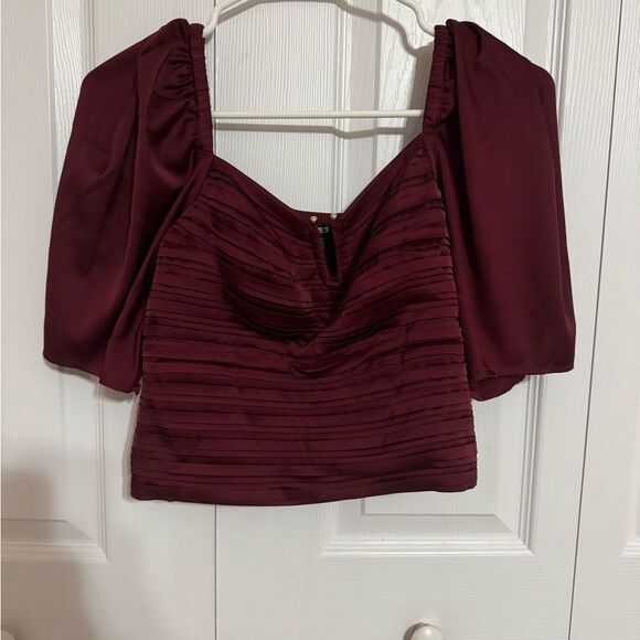 Express Burgundy Ruched Puff Sleeve Crop Top – Size Small - Picture 2 of 5